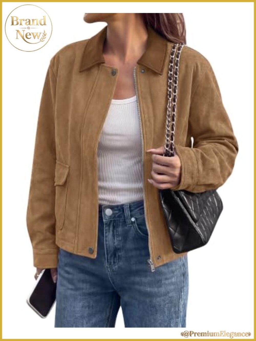 Faux Suede Jacket Women Leather Lapel Zip Up Fall Outfit